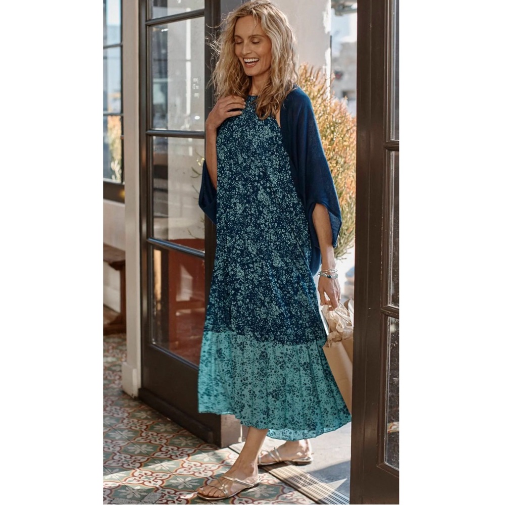J.JILL Women’s Size XS Blue Floral Pleated Sleeveless
Halter-Neck Midi Dress